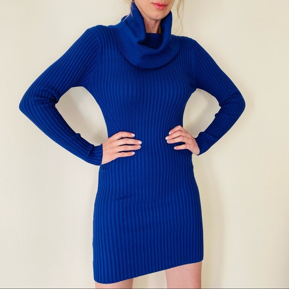 V28 ribbed knit blue long sleeve cowl neck fitted pull on mini sweater dress - Picture 2 of 7